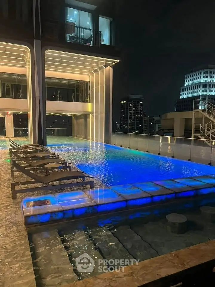 Luxurious rooftop pool with stunning city views at night
