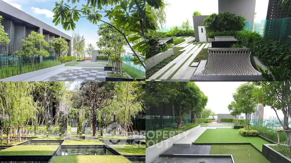 Luxurious modern garden with lush greenery and stylish landscaping in a high-end residential complex.
