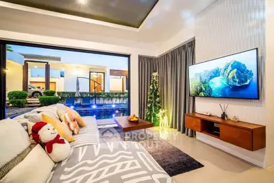 Luxurious living room with pool view, modern decor, and large TV, perfect for relaxation and entertainment.