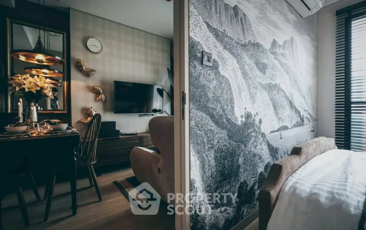 Stylish modern apartment with artistic wall mural and cozy living area