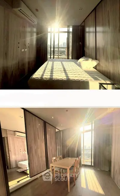 Sunlit modern bedroom and dining area with city view, featuring wooden paneling and large windows.