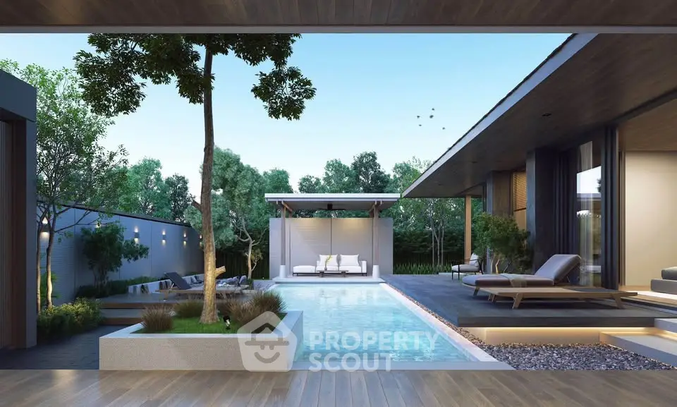 Luxurious modern home with stunning pool and outdoor lounge area, perfect for relaxation and entertainment.