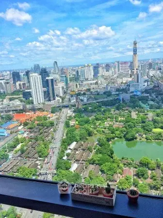 Stunning cityscape view from high-rise apartment with lush greenery and urban skyline.