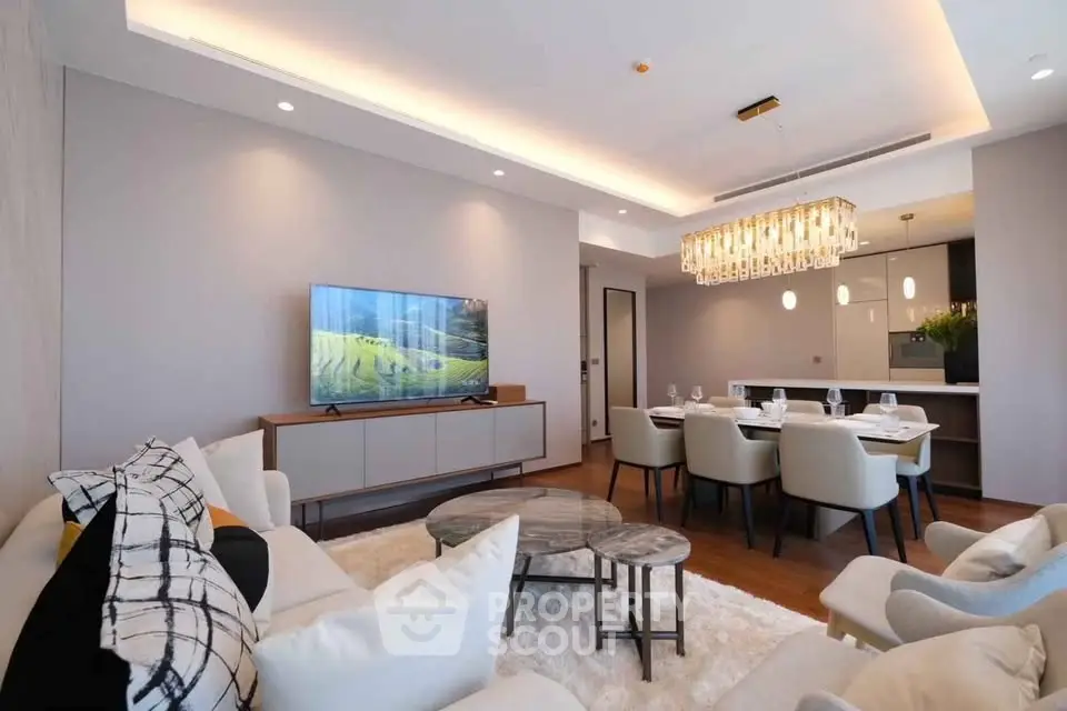 Luxurious modern living room with elegant dining area and stylish decor
