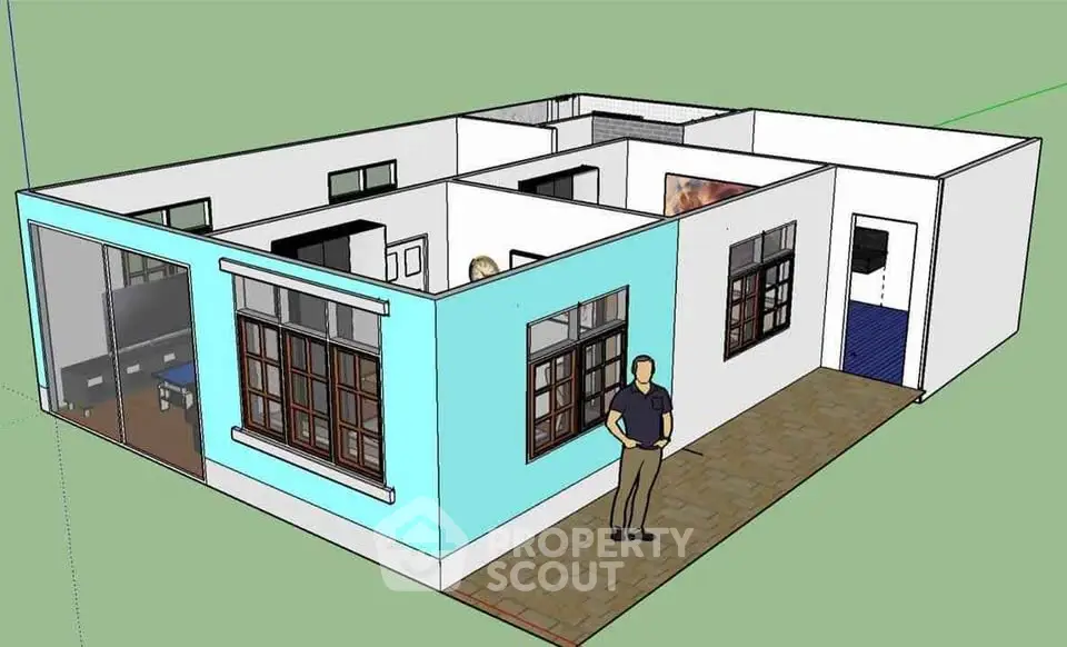 3D digital render of a modern house layout with large windows and patio.