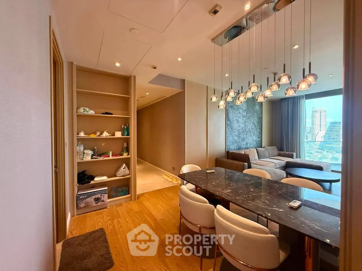 Luxurious modern living room with elegant dining area and city view