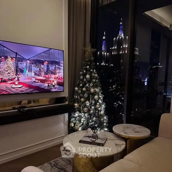 Luxurious living room with festive decor and stunning city view at night.