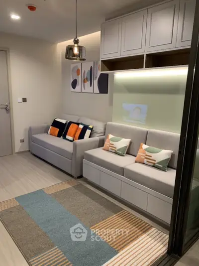 Modern living room with stylish decor and cozy seating area