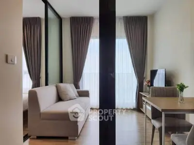 Modern living room with elegant decor and natural light in a stylish apartment.