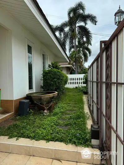 Charming garden pathway beside a modern house with lush greenery and tropical plants.