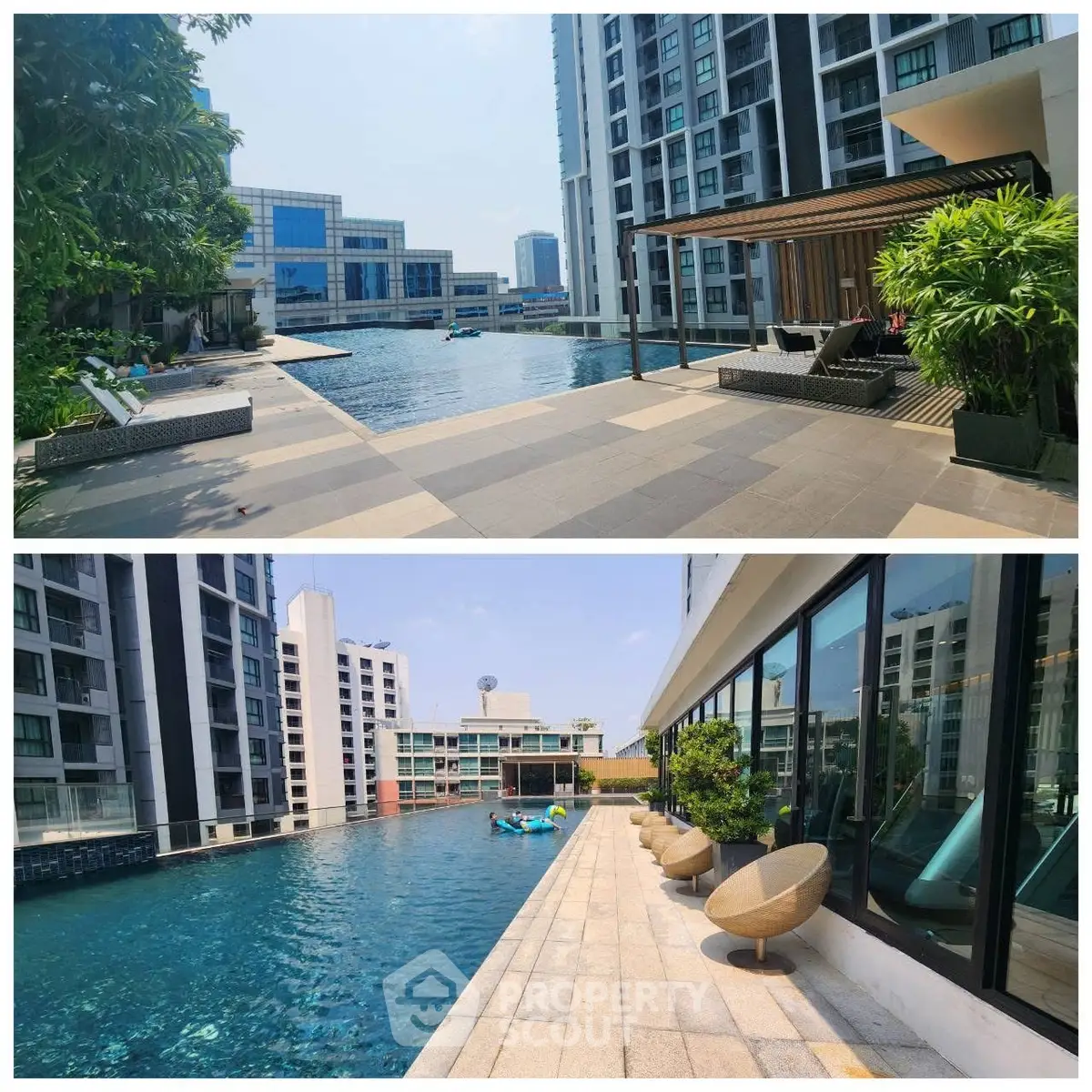 Luxurious poolside area with modern seating and stunning city views in a high-rise residential complex.