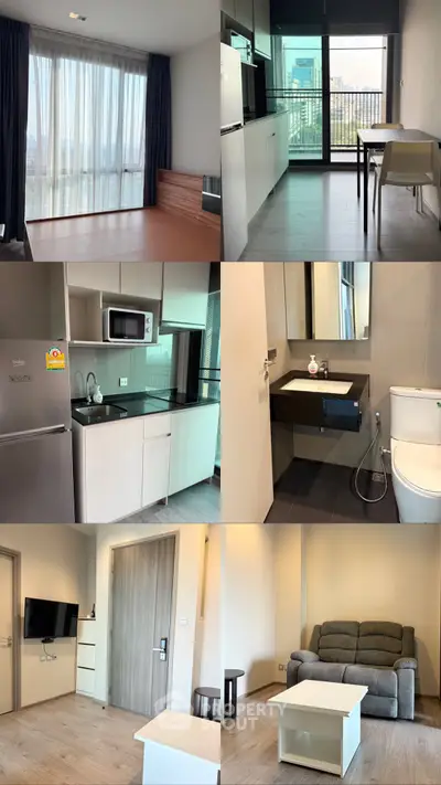 Modern apartment interior with spacious living room, sleek kitchen, and stylish bathroom, featuring large windows and balcony.