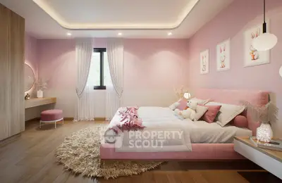 Charming pink-themed bedroom with plush decor and elegant lighting, perfect for a cozy and stylish retreat.