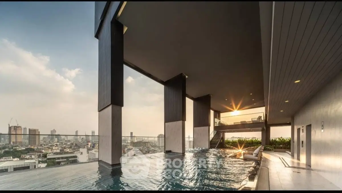 Luxurious rooftop infinity pool with stunning city skyline view at sunset.