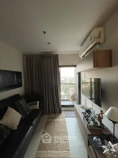 Modern living room with city view and stylish decor