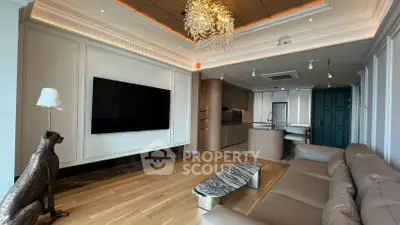 Luxurious modern living room with open kitchen and elegant decor