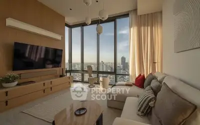 Luxurious living room with panoramic city view and modern decor