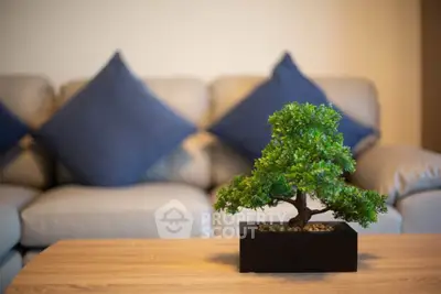 Stylish living room with modern sofa and decorative bonsai on wooden table.