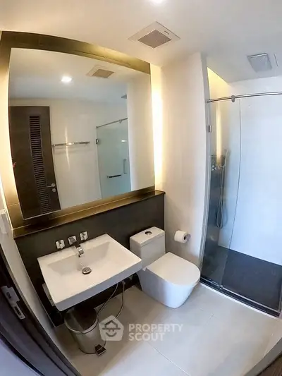 Modern bathroom with sleek fixtures and glass shower enclosure