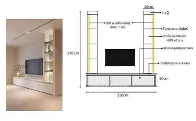 Modern living room with sleek entertainment unit and LED lighting design.