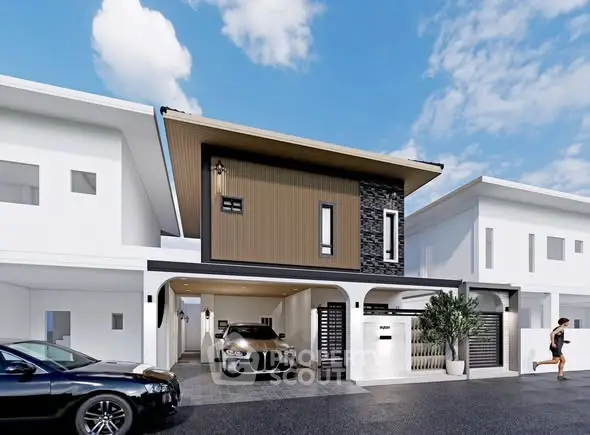 Modern two-story house with sleek design and spacious garage in suburban neighborhood.