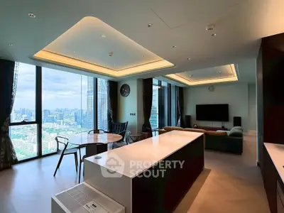 Luxurious modern living room with panoramic city views and elegant interior design.