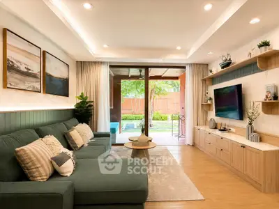 Stylish living room with modern decor, large sofa, and garden view through sliding doors.