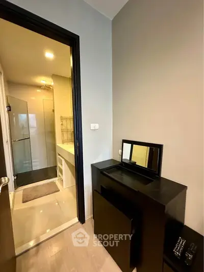 Modern apartment interior with sleek bathroom and stylish furniture