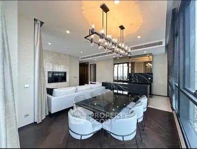 Luxurious modern living room with elegant dining area and stunning city view.