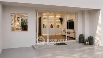 Modern living room with sliding glass doors and elegant interior design