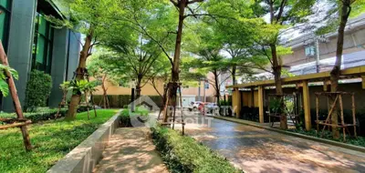 Lush garden area with trees and pathway in modern residential complex.