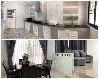 Modern kitchen and cozy living room with stylish decor and ample natural light.