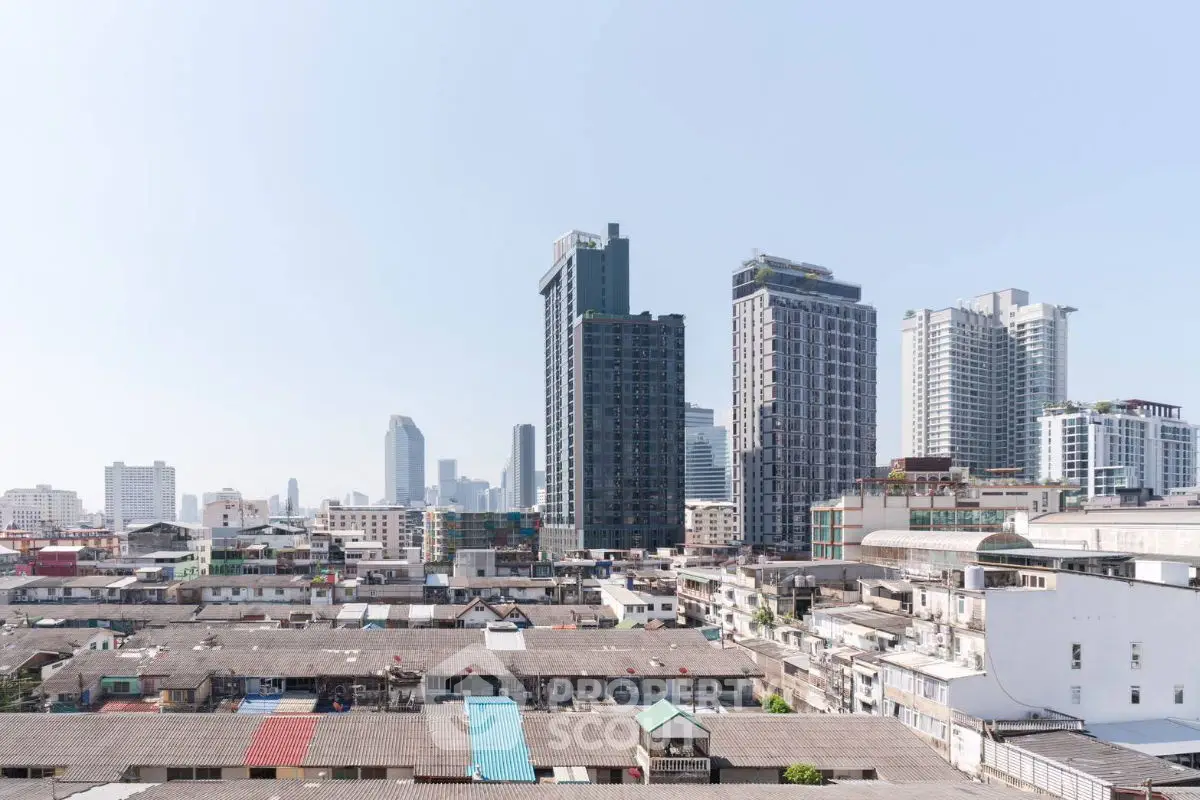 Stunning cityscape view showcasing modern high-rise buildings against a clear blue sky.