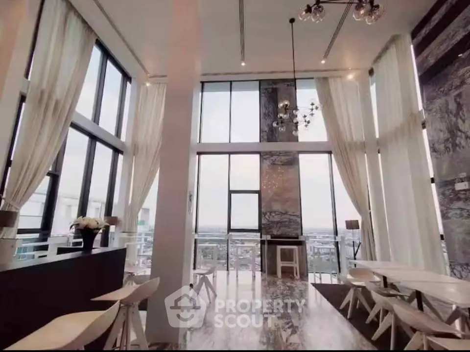 Luxurious high-rise living room with panoramic city views and elegant decor