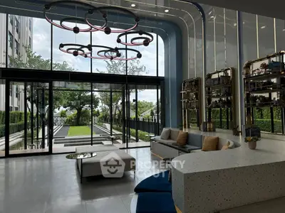 Luxurious modern living room with floor-to-ceiling windows and garden view