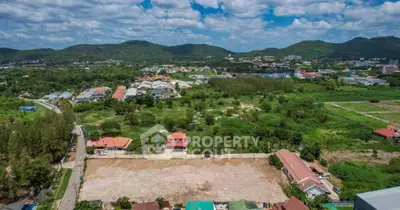 Scenic aerial view of lush green landscape with residential area and mountains in the background.