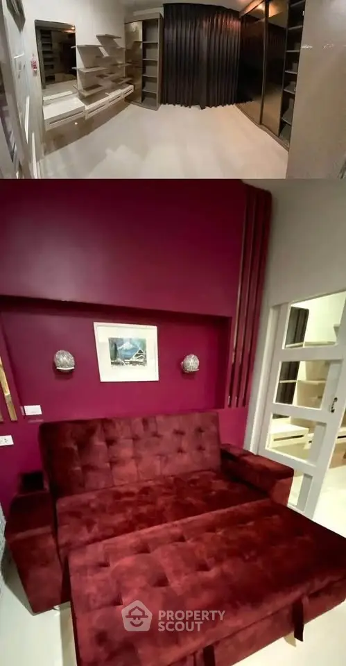 Modern interior with stylish red sofa and spacious closet area, perfect for urban living.