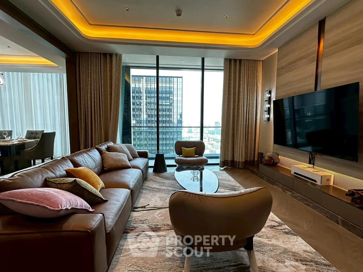 Luxurious living room with modern decor and stunning city view, featuring elegant furniture and ambient lighting.
