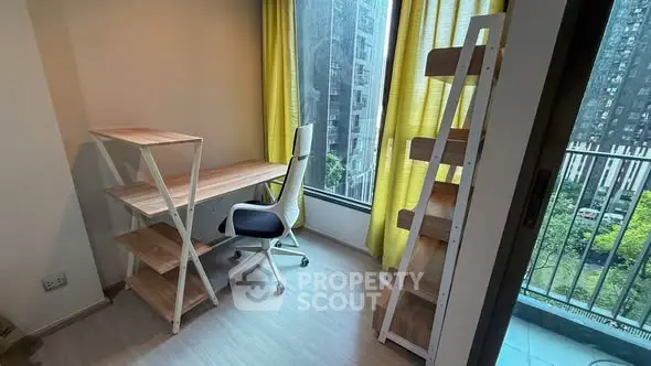 Modern study room with desk, chair, and shelving, featuring large window and balcony view.