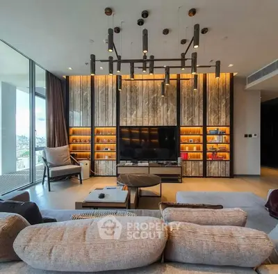 Luxurious modern living room with floor-to-ceiling windows and stylish lighting