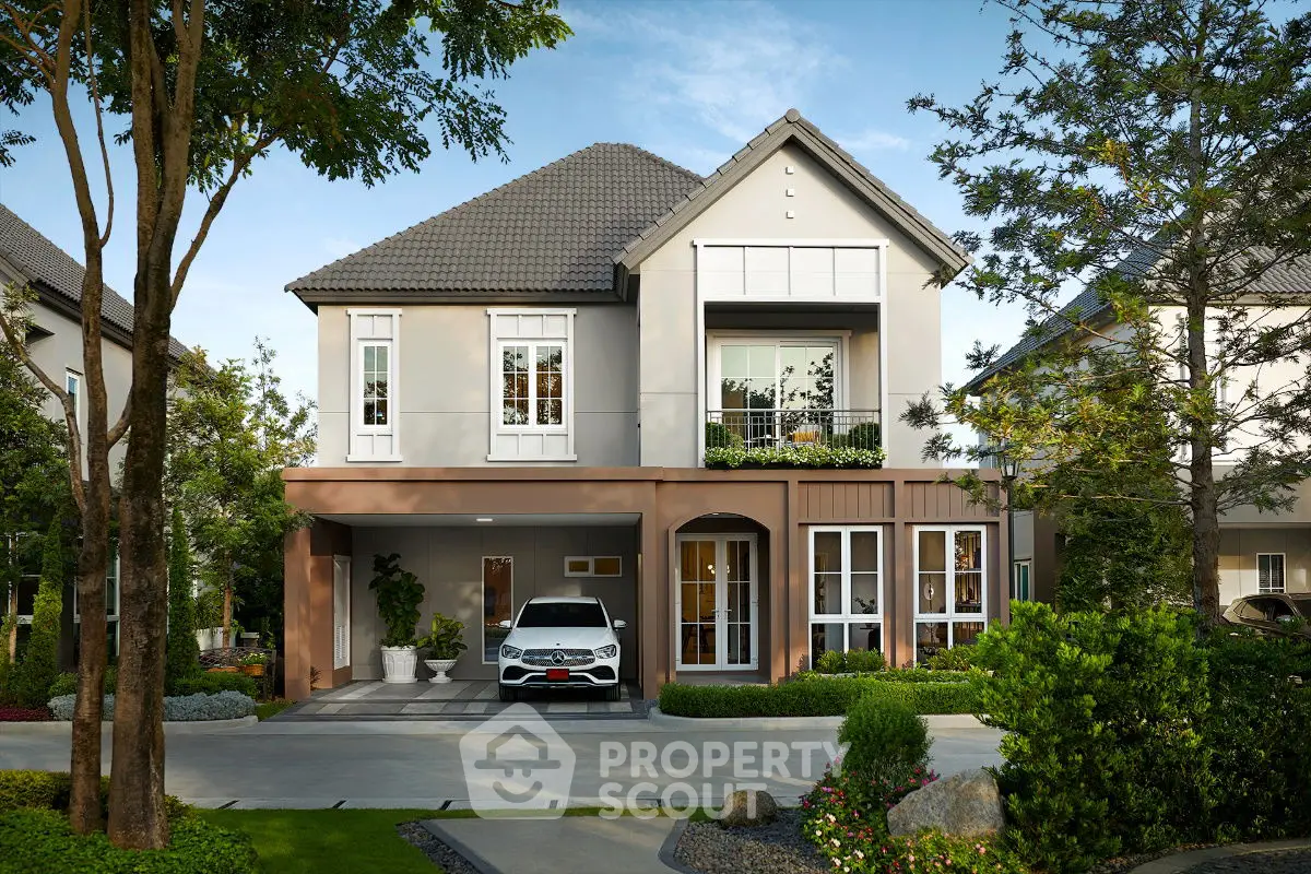 Charming two-story house with landscaped garden and driveway in a serene neighborhood.