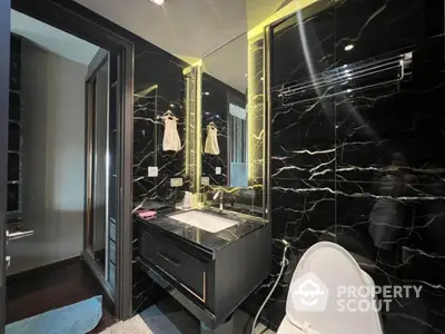 Luxurious modern bathroom with black marble walls and elegant fixtures