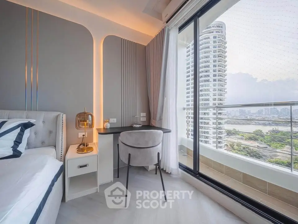 Luxurious bedroom with stunning city view and modern decor