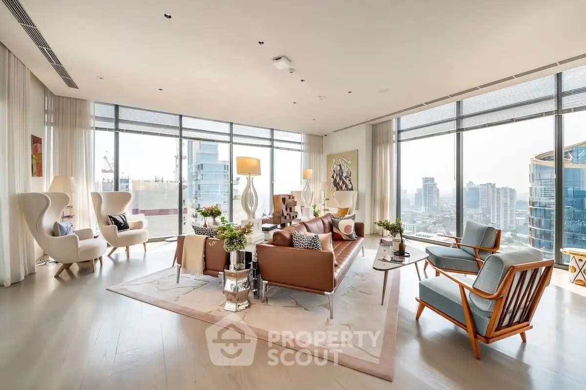 Luxurious modern living room with panoramic city views and elegant furnishings.