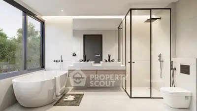 Luxurious modern bathroom with freestanding tub and glass shower enclosure