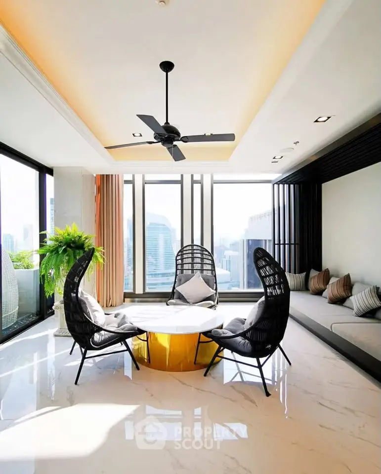 Luxurious living room with panoramic city views and elegant modern furniture.
