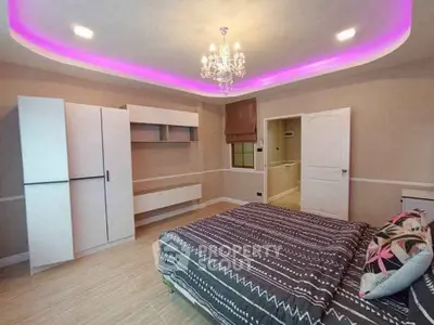 Spacious bedroom with modern lighting and elegant decor