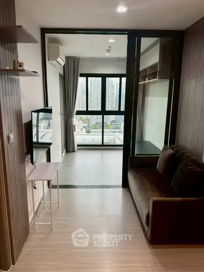 Modern living room with city view and sleek interior design