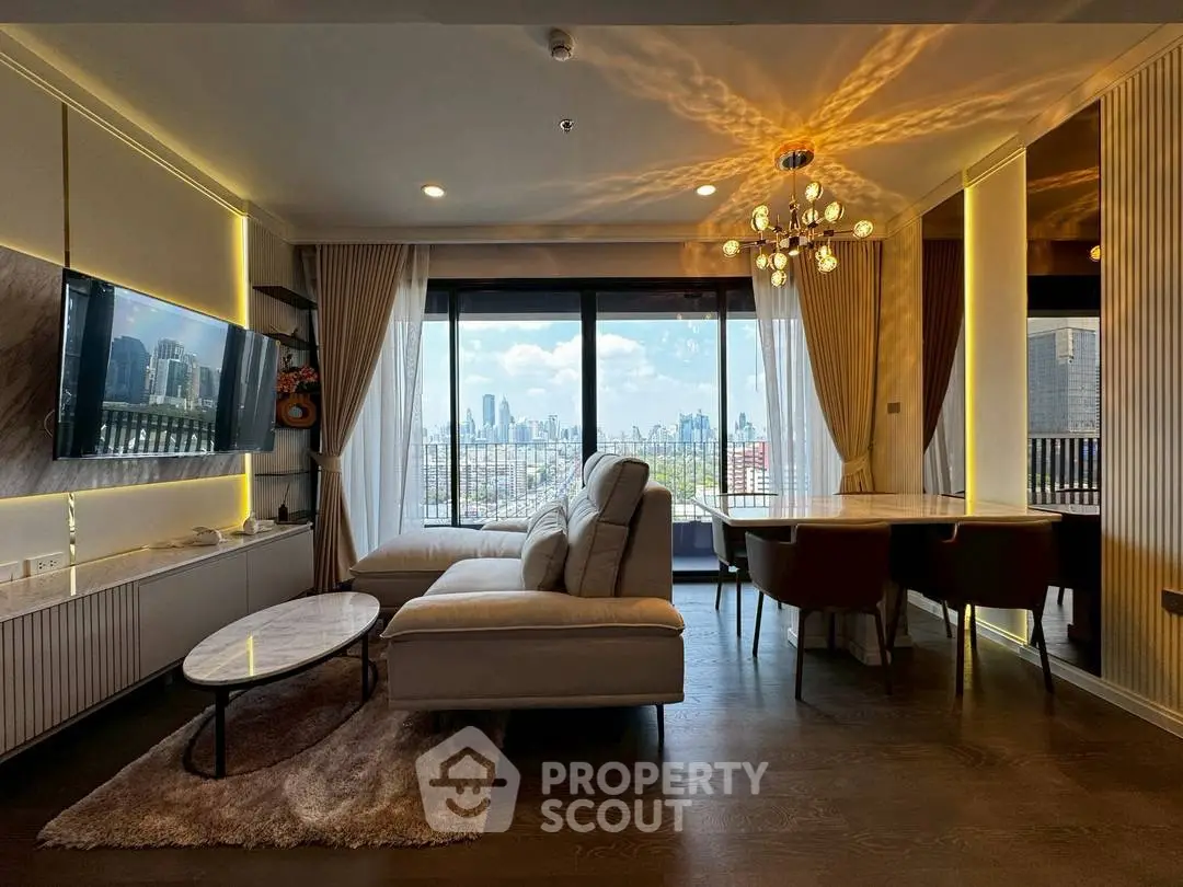 Luxurious living room with stunning city view and modern decor