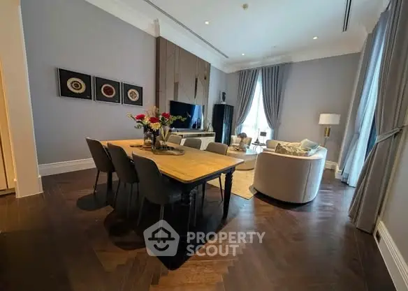 Luxurious living room with elegant dining area and stylish decor